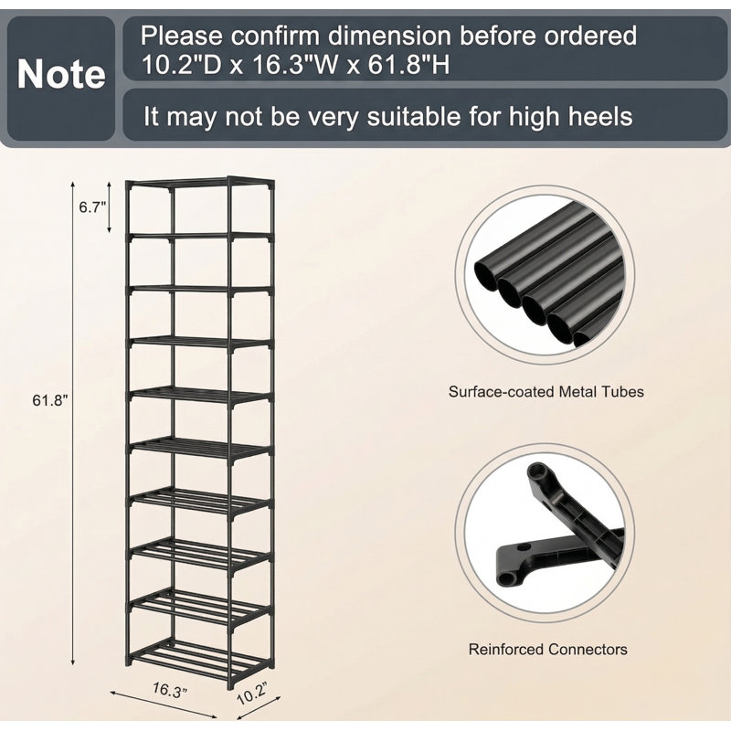 Étagère à chaussures haute 10 étages, étagère à chaussures étroite et légère, support à chaussures vertical compact, petit espace pour le plancher du placard, rangement pour dortoir, entrée de la porte d'entrée, vestibule