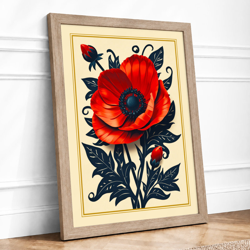 Scarlet Poppy Botanical - Print, Oak, A4 - 29.7 x 21.0 cm