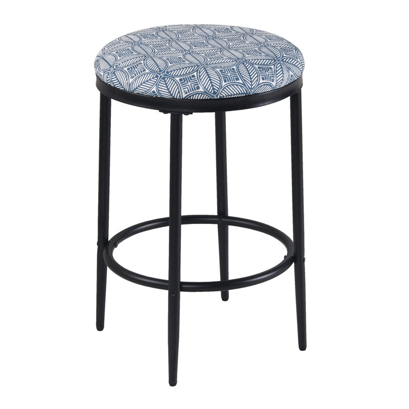 Ebern Designs Upholstered Metal Barstool, Blue Indigo Print