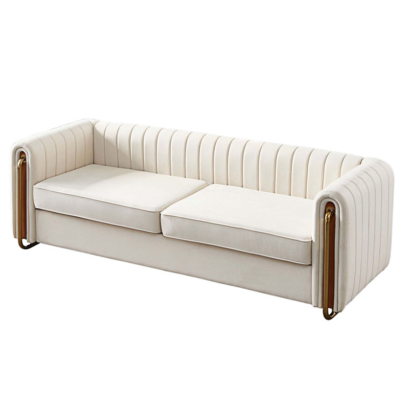 Keeshaun 84.25'' Round Arms Sofa, Beige Velvet