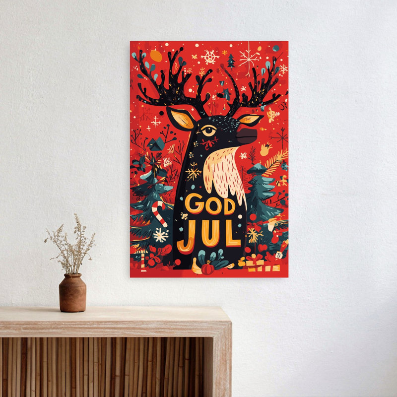 God Jul Festive Reindeer Modern Whimsical Abstract Christmas Tree Deer Nature Winter Wall Art Print 1 Piece Wrapped Canvas Wall Art