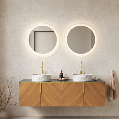 Meuble-lavabo 60 po, meuble-lavabo mural en contreplaqué avec 4 portes, 2 lavabos ronds blancs en céramique avec motif en pierre et comptoir en pierre frittée noire, couleur grain de bois chêne brun