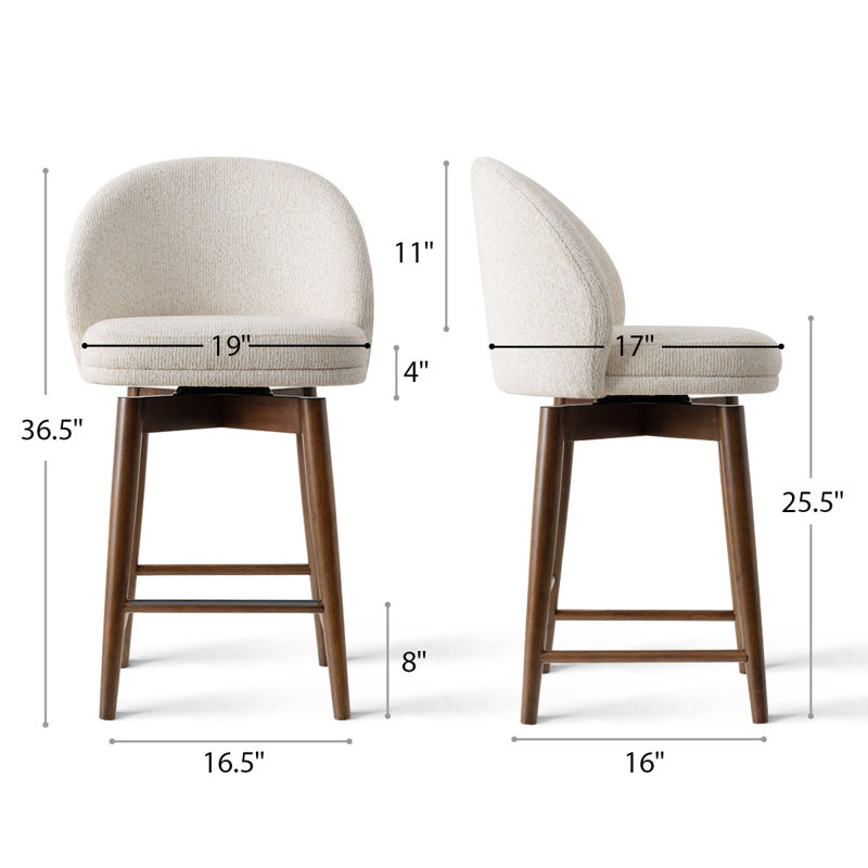 Upholstered Swivel Counter Stool With Curved Back And Solid Wood Legs, Cream