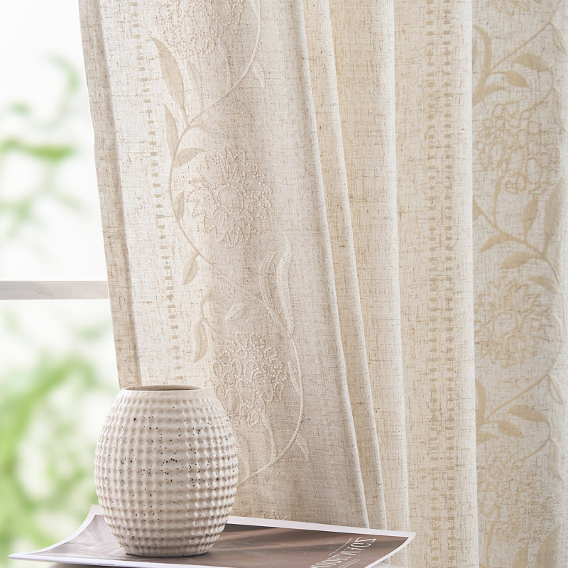Linen Blended Semi Sheer Embroidered Floral Curtains, Ivory, 50" W x 84" L