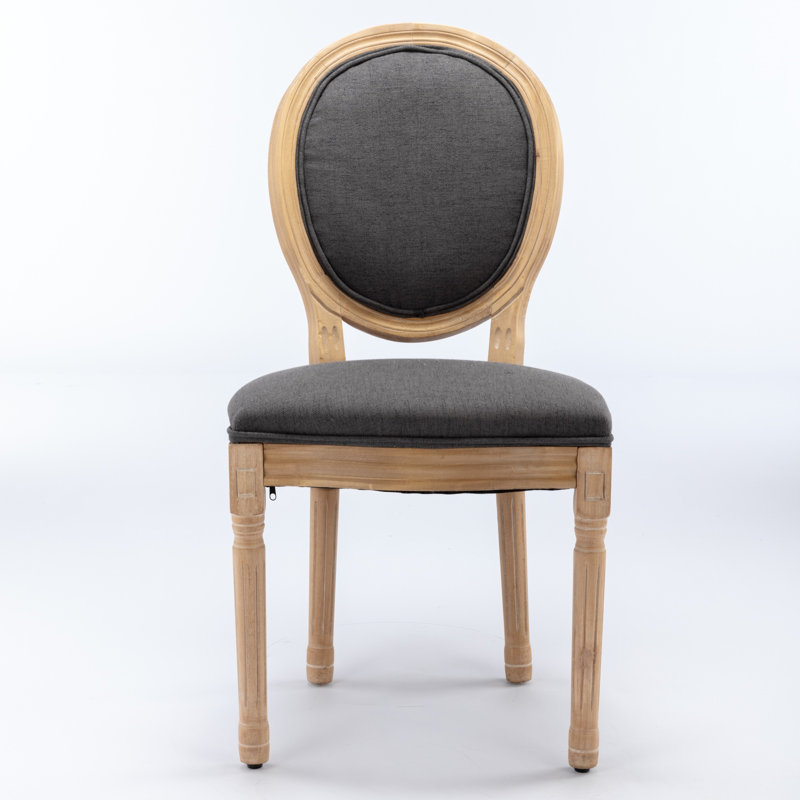 Chaise de salle à manger avec cadre en bois massif de style français et toile de lin antique, gris foncé
