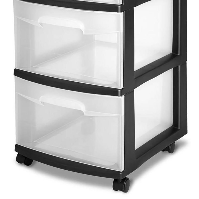 Sterilite 3 Drawer Storage Cart, Plastic Rolling Organizer with Wheels, Black
