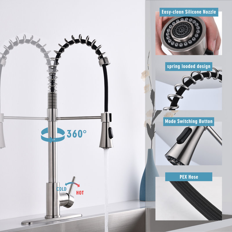 Brushed Nickel Single Handle Commercial Modern Spring High Arc Kitchen Faucet Water Filter System Bends As You Want