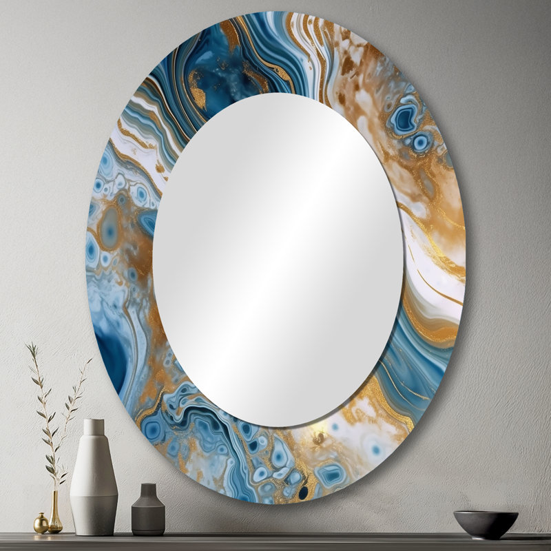 Blue And White Marble Dreams - Abstract Oval Decorative Mirror On Metal, 43" x 33"
