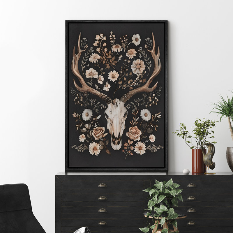Animals In Flowers " Moody Gothic Animals Goat Skull Dark Floral Botanical Daisies Artwork Paintings ", Black , 24" H x 16" W