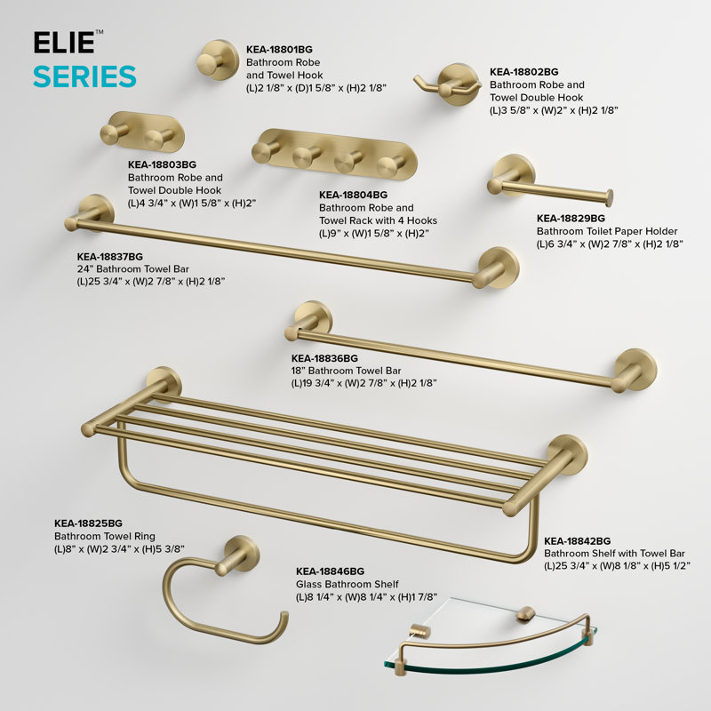 Elie Metal Accent Shelf with Towel Bar, Brushed Gold