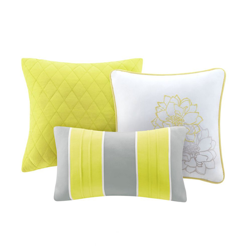 Ensemble de courtepointe réversible 100% coton Lola, Couvre-lit pour lit double / grand + 2 taies déco, Jaune