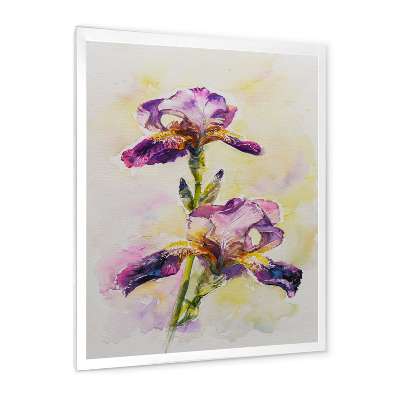 Aquarelle Iris fleur rose - décoration murale traditionnelle sur toile, H 20 po x l 12 po x P 1 po, Toile avec cadre blanc