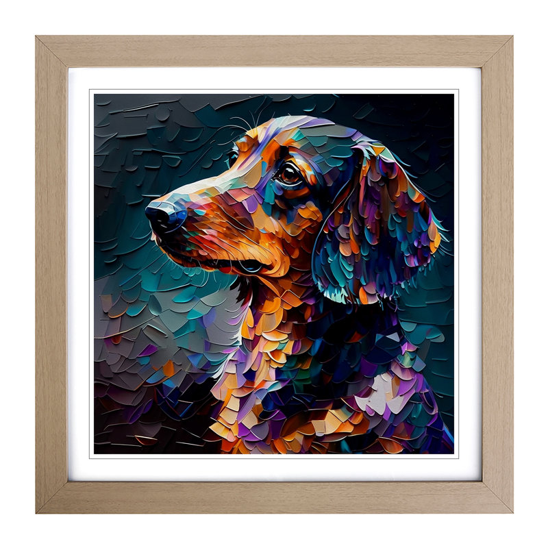 Dachshund Palette Knife Painting No.1 - Single Picture Frame Print on Wood, Oak