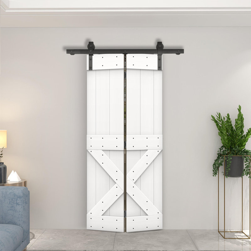 White Knotty Pine Solid Core Barn Door with Oil-Rubbed Bronze Hardware