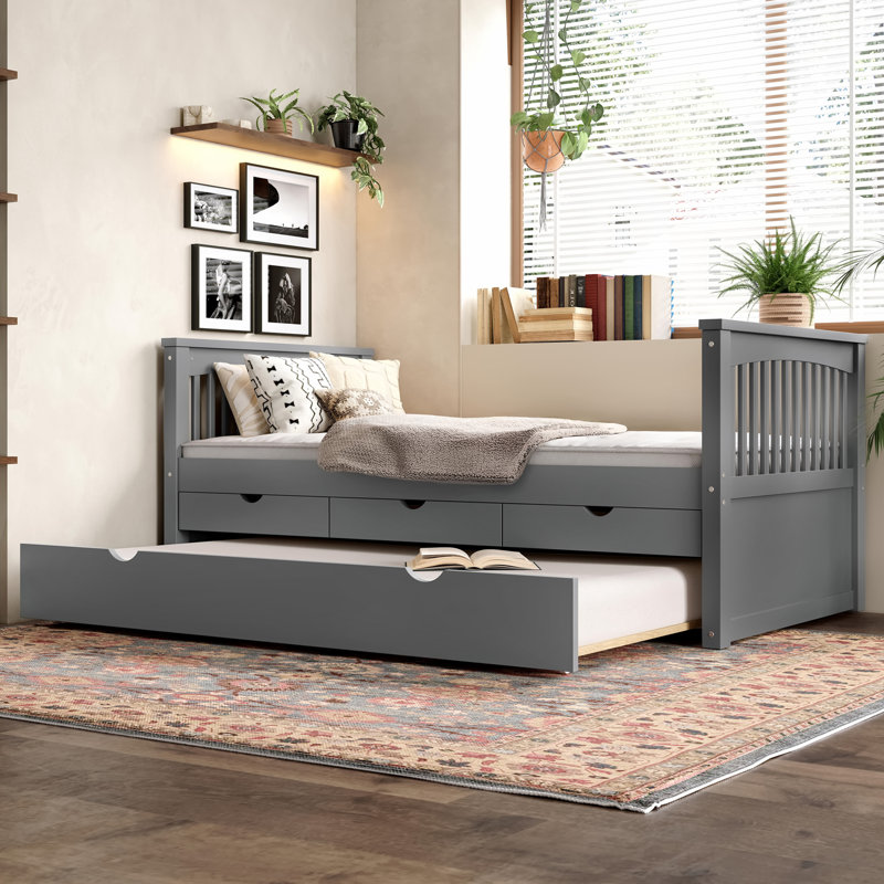  Lit de jour simple avec lit gigogne et tiroirs, structure de lit en bois massif pour chambre d'amis, gris, Gris