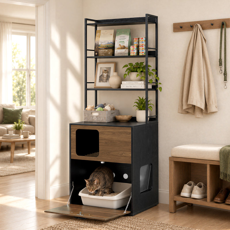 Enclosed Litter Box Enclosure, Black/Walnut