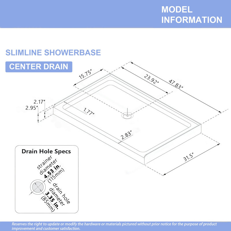 Base de douche blanche 32 po x 48 po - drain central