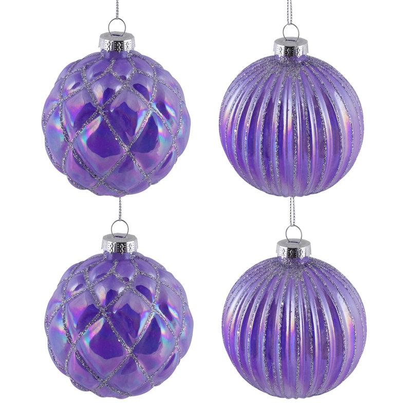 Shiny Glittered Iridescent Glass Ball Christmas Ornaments - 3" (80Mm) - Purple - 4Ct