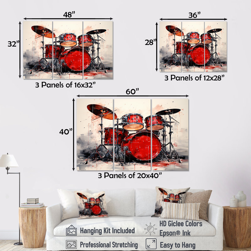 Music Drums Pulse Deep Red I - Ensemble d'art mural musical, Toile tendue, H 32 po x l 48 po x P 1 po