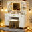 Mercer41 White 43.3''W Vanity Set with Touch Lighted Mirror Upholstered Stool Glass Top Drawers Dressing Table Built in Outlets-1641033429
