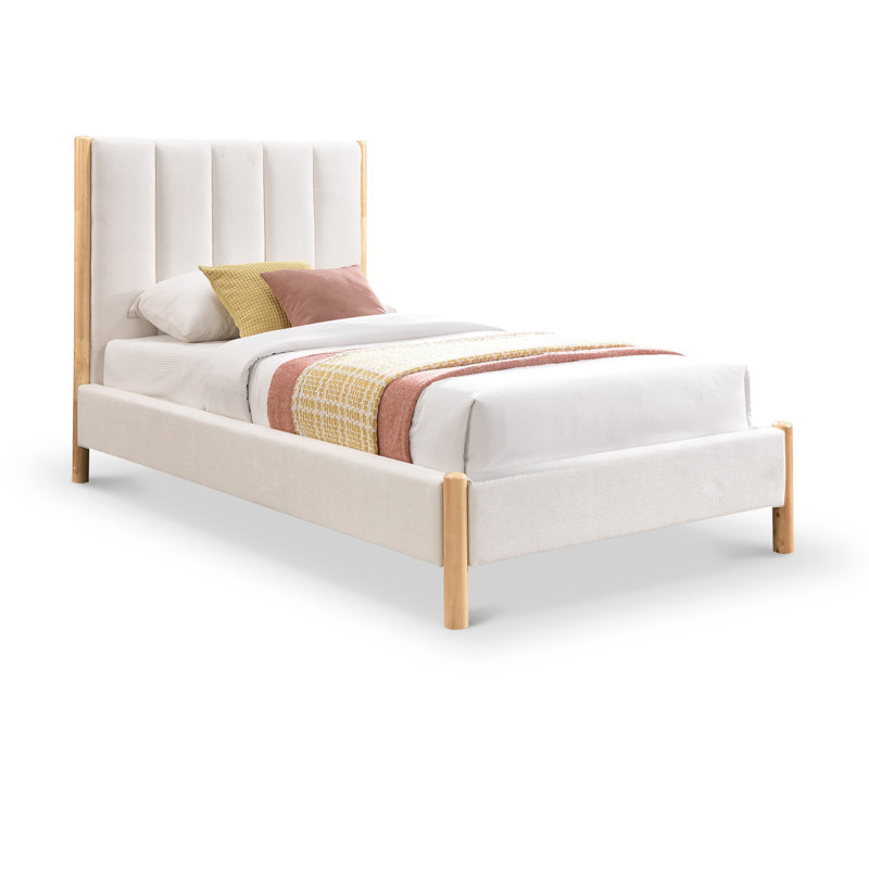 Upholstered Platform Bed, Twin, Cream Polyester Fabric