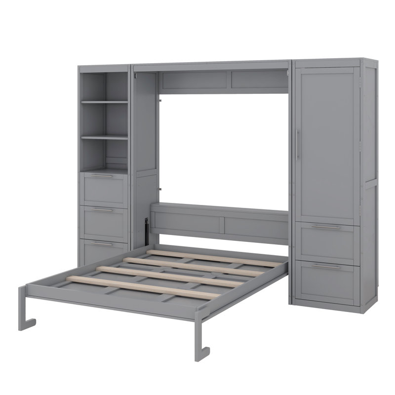 Queen Size Murphy Bed Wall Bed With Closet ,Drawers And Shelves, Grey