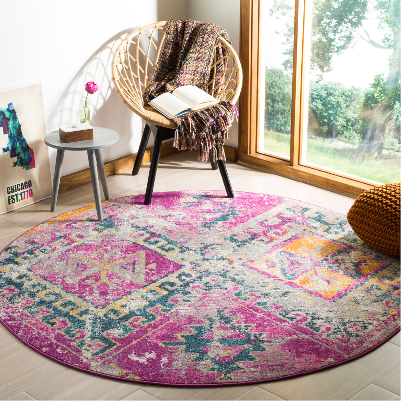 Tapis fuchsia à motif géométrique Felty, Rond 6 pi 7 po