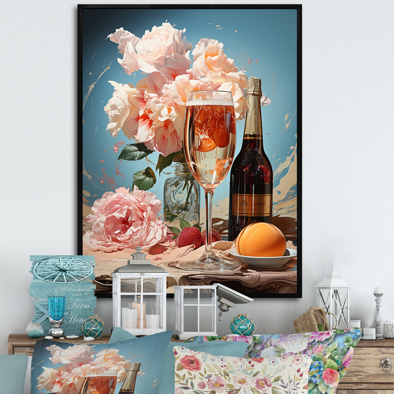 Vin mousseux et fleurs élégantes - art mural vin, H 40 po x l 30 po x P 1,5 po, Cadre simple blanc