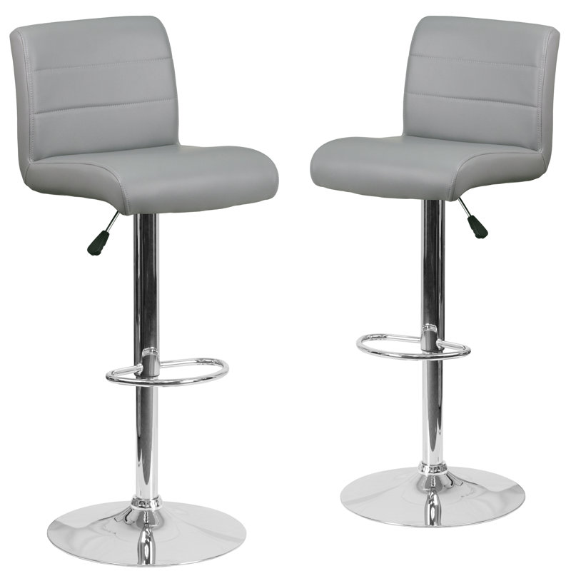 Contemporary Vinyl Adjustable Height Barstool with Rolled Seat and Chrome Base, Grey