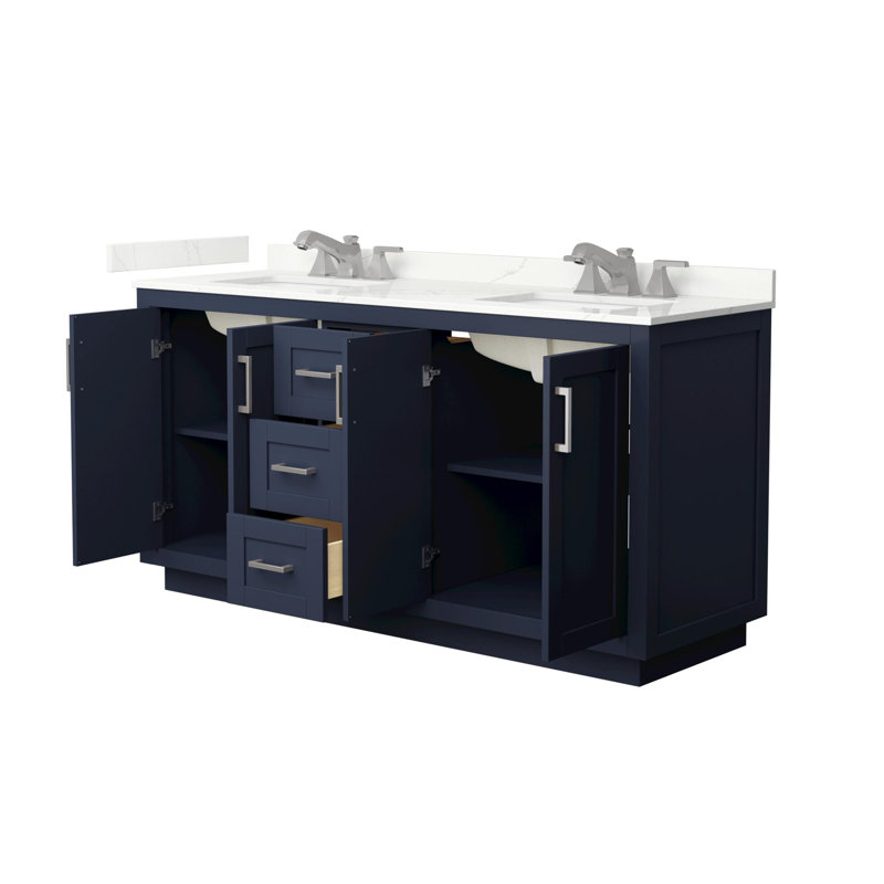 Meuble-lavabo double autoportant de 66 po avec plateau en quartz Miranda, Quartz Giotto, Bleu très foncé, Nickel brossé