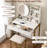 Small Vanity Desk With Mirror And Lights, Makeup Vanity Table With LED Mirror, 3 Lighting Modes, Power Outlet, Drawer, Open Shelves And Cushioned Stool For Bedroom (White And Gold)