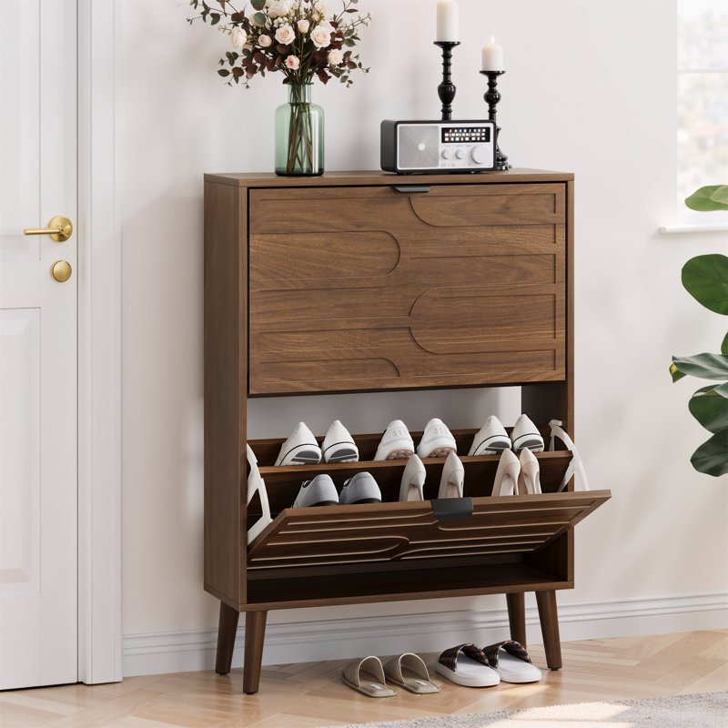Armoire à chaussures indépendante médiévale moderne avec 2 tiroirs rabattables, des séparateurs réglables et un rangement inférieur ouvert pour les couloirs et les entrées