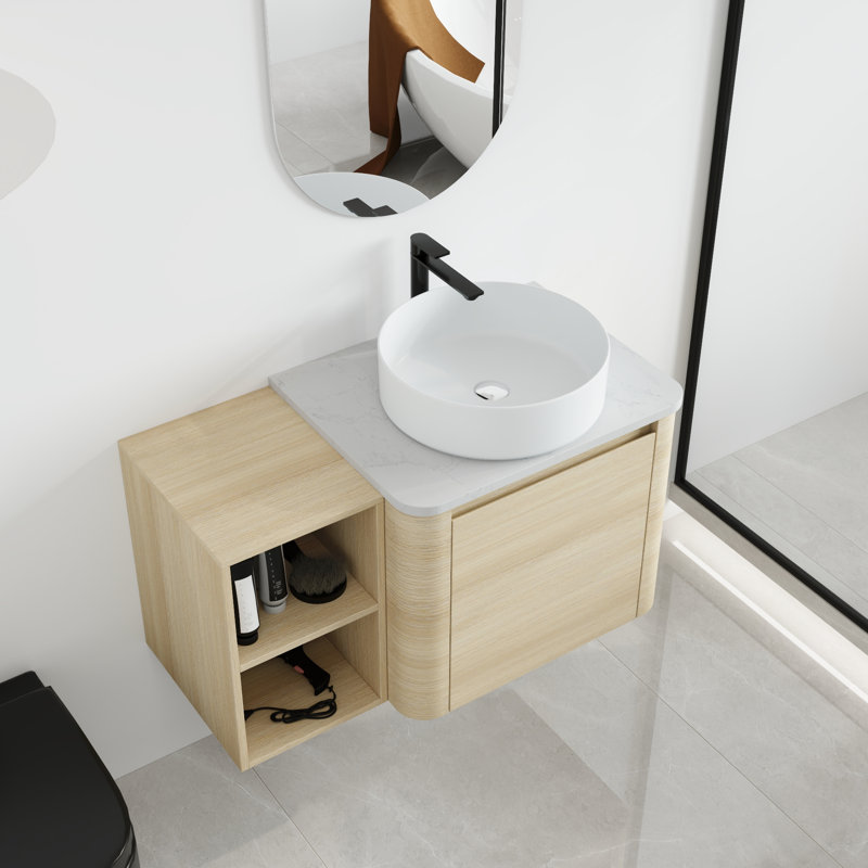 Ensemble de meuble-lavabo simple 36 po avec lavabo en céramique et tablettes de rangement Greythor, ensemble de meuble-lavabo simple 36 po avec plateau en pierre reconstituée