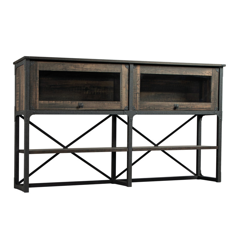 Bois d'ingénierie brun de conception industrielle, 3 tablettes horizontales réglables, portes en verre trempé encadrées pour le bureau, étagère à finition ouverte avec finition de bureau avec look, bois, tablettes réglables,