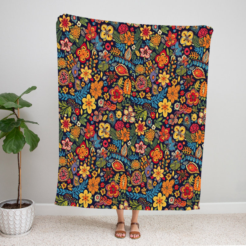 Throw Blanket, 68" W x 80" L, Floral/Abstract, Orange/Blue/Red