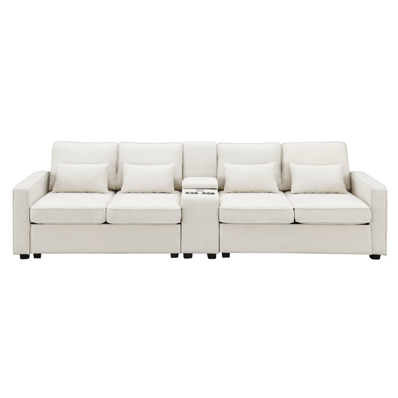 Console moderne rembourrée avec 2 pièces, 114,2 po, 4 pièces, tissu en lin, structure en bois massif, siège en éponge respirante, console pour appartement 4, ports, base, décoration de la maison