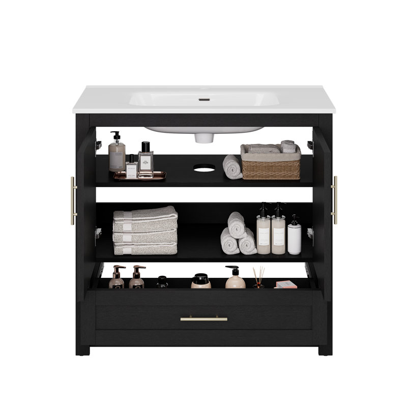 Meuble-lavabo autoportant simple 36 po avec lavabo en céramique Lumina, noir, contreplaqué de bois franc, portes à fermeture en douceur et rangement réglable intérieur