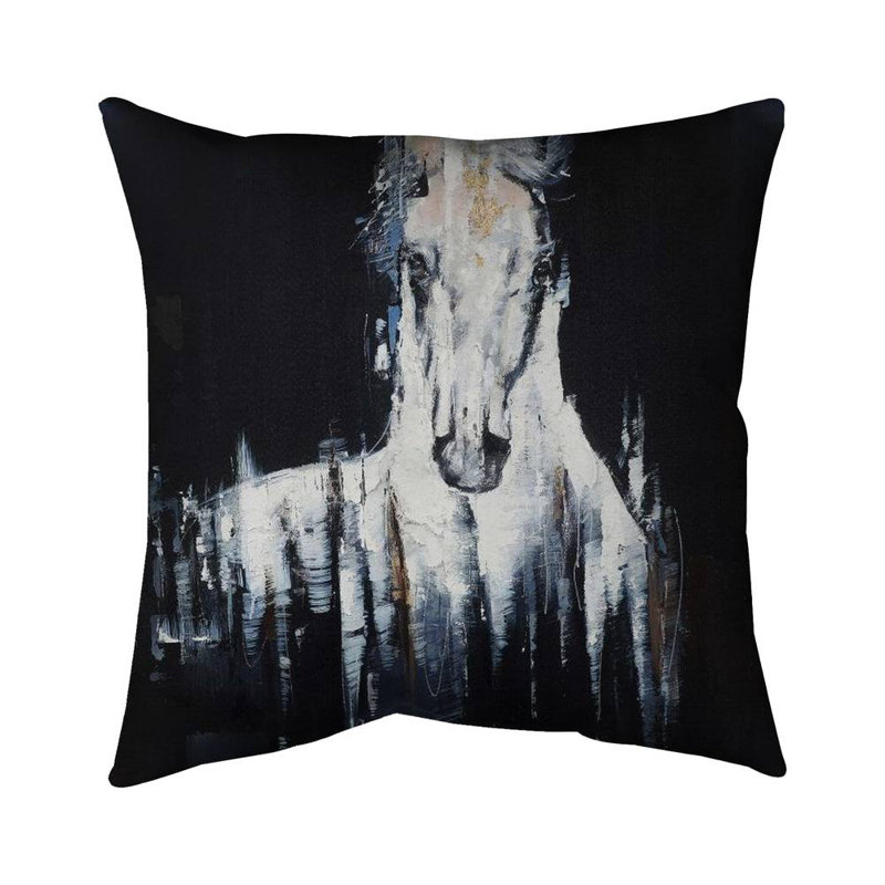 Abstract white horse on black background - 26"x26" Throw pillow cover - Poly twill - Print on demand