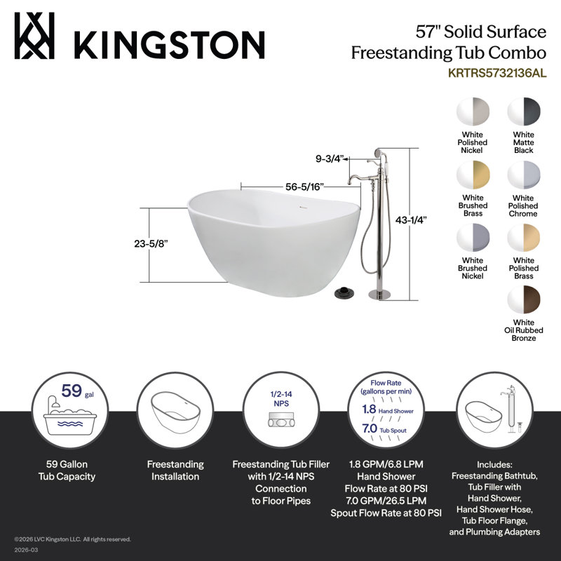 Kingston Brass Arcticstone 57-Inch Solid Surface Oval Double Slipper Freestanding Tub With Faucet Combo And Drain