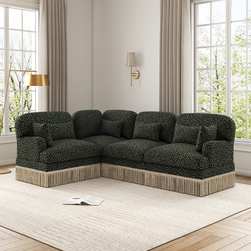 Canapé modulaire en L en chenille à imprimé léopard avec coussins et jupe à pampille, Imprimé léopard vert-noir