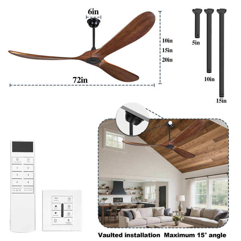 Ventilateur de plafond en bois massif 72 po avec télécommande - Conception moderne à 3 pales, moteur silencieux, sans lumière