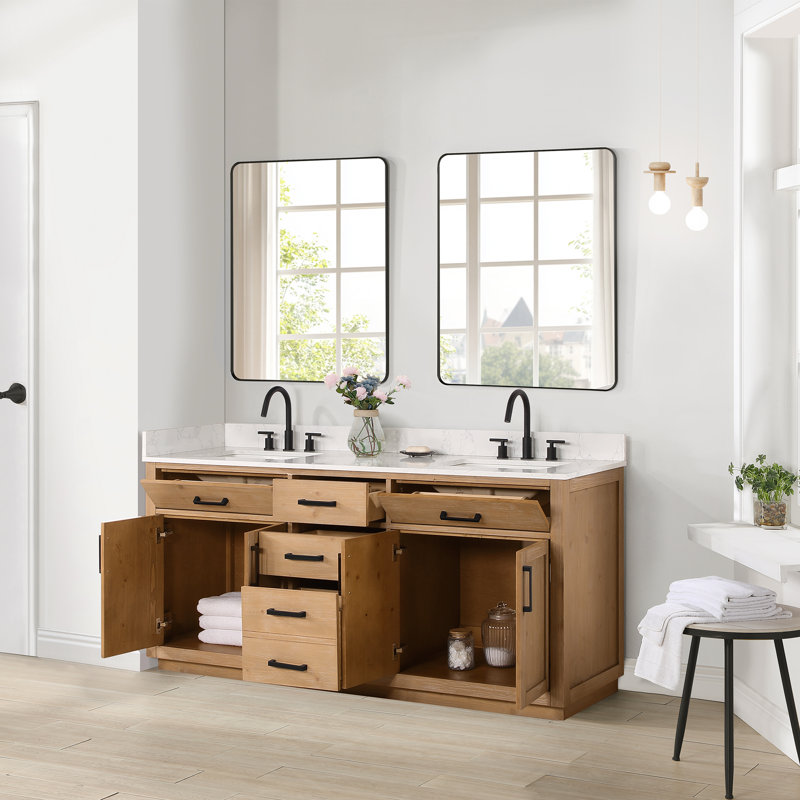 Gavino Double Bathroom Vanity Set with Mirror, Light Brown, Black, 72"