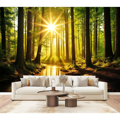 Peel and Stick Wallpaper Sunlight Trees Stream Green Forest peaceful woodland Wall Murals 69"H x 96"W Removable PVC Wall Paper Self-Adhesive Wall Decor for Bedroom Living Room Home Office