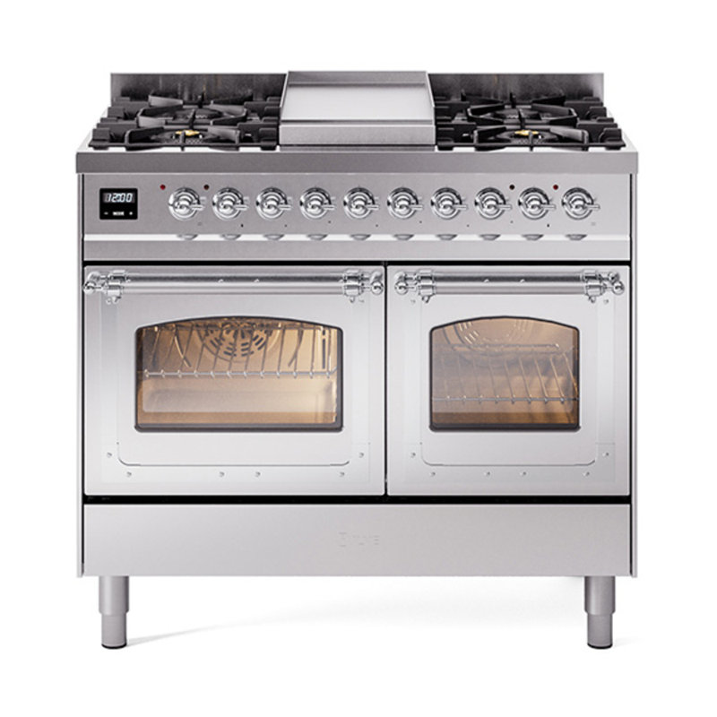 ILVE Nostalgie II Series Noblesse 40 inch Dual Fuel Range with 6 Sealed Burners, Griddle (Glass Door), Stainless Steel/Chrome