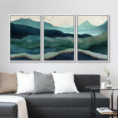 «Mystic Mountains Ombre Blue Landscape Trio Serene Abstract Nature Wilderness Modern Decor» 3 pièces