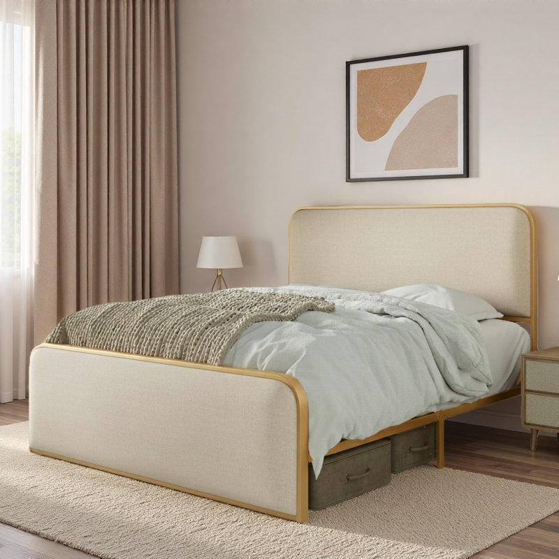 Lit moderne en métal avec tête de lit tapissier courbée et rangement sous le lit, Beige/or
