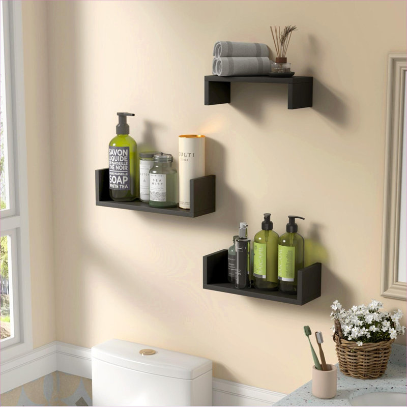 Ensemble de 3 tablettes murales flottantes, rangement mural et présentoir, bois massif noir de jais, tablettes décoratives multi-tailles pour le salon de la salle de bain