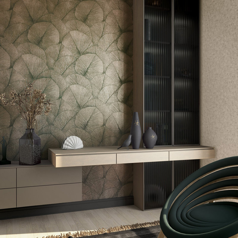 Kumano 3D Embossed Palm Leaf Wallpaper Roll, Gold