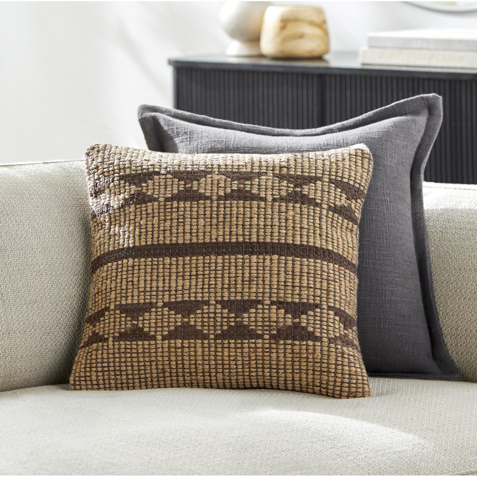 Twareg Geometric Jute / Sisal Throw Pillow, Down Blend, 22"H x 22"W