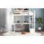 Lit mezzanine double avec bureau multi-rangements en L, station de charge à DEL et USB, banc de rangement avec 2 tiroirs-290658499
